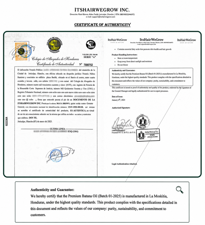 Certificate of Authenticity for Batana Oil